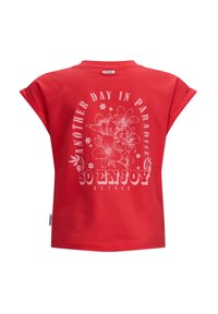 Rotes Baumwoll-T-Shirt mit kurzen, umgeschlagenen Ärmeln, das über ein florales Grafikdesign und den Text "EIN WEITERER TAG IM PARADIES, GENIEßE ES SO SEHR" verfügt.