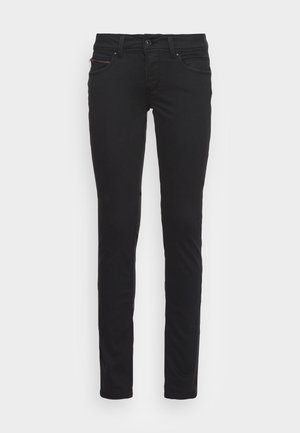 Jeans negri slim-fit din bumbac, cu buzunare frontale și detaliu cu fermoar. Textură netedă și design standard cu cinci buzunare.