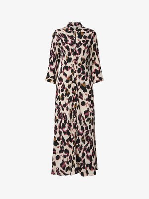 Rochie lungă, cu model, dintr-un material ușor. Are guler, mâneci lungi, închidere cu nasturi și un design cu imprimeu de leopard în nuanțe de roz, negru și auriu.