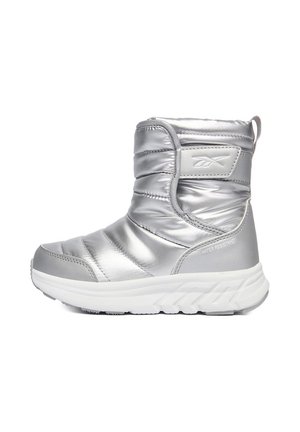 Silver insulated winter boot with white sole, padded upper, pull tab, and "water resistant" label on the heel side.
