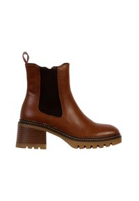 Bottine en cuir marron avec talon carré, panneau élastique noir sur les côtés, tirant à l'arrière et semelle en caoutchouc crantée.