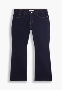 Jean denim bleu foncé évasé avec une texture lisse, des coutures contrastées, un design à cinq poches et une fermeture à bouton à la taille.