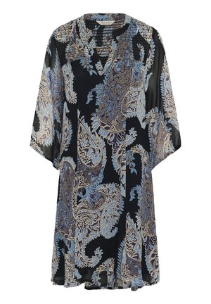Black dress featuring paisley patterns in blue and beige. Made of lightweight material with a loose fit and short sleeves. V-neck design.