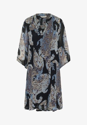 Fekete ruha kék és bézs paisley mintákkal. Könnyű anyagból készült, laza szabású és rövid ujjú. V-nyakú dizájn.