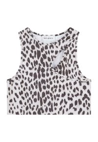 Zkrátený top bez rukávov z ľahkej tkaniny s bielym podkladom a čiernym leopardím vzorom. Obsahuje asymetrický výrez.