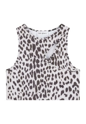 Cropped tank top in lightweight fabric with a white base and black leopard print. Features a sleeveless design and an asymmetrical cut out.
