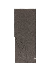 Graue Wolldecke mit einer weichen, strukturierten Oberfläche, an einer Ecke gefaltet, mit einem kleinen Etikett am Rand.