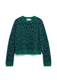 Grüner kurz geschnittener Pullover mit einem Leopardenmuster in Dunkelblau und Lila, mit gerippten Bündchen und Rundhalsausschnitt. Weiche Stricktextur.
