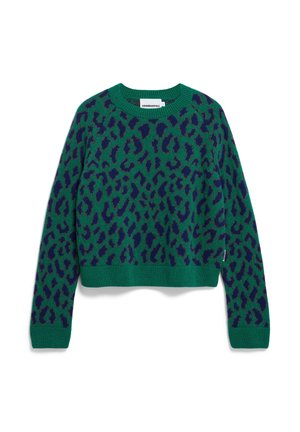 Grüner kurz geschnittener Pullover mit einem Leopardenmuster in Dunkelblau und Lila, mit gerippten Bündchen und Rundhalsausschnitt. Weiche Stricktextur.