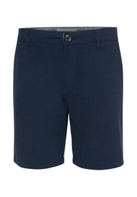 Shorts en coton marine avec un design à l'avant plat, fermeture à bouton unique, coutures tonales et ourlet retourné ; texture lisse et coupe décontractée.
