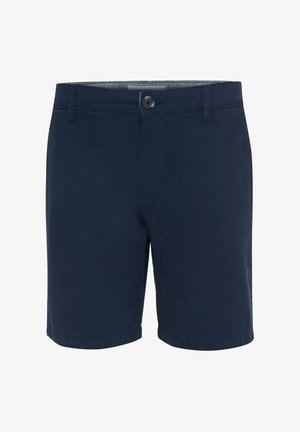 Marineblaue Baumwollshorts mit flachem Vorderdesign, einem Knopfverschluss, tonaler Naht und umgeschlagenem Saum; glatte Textur und lässige Passform.