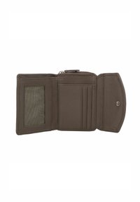 Brown leather wallet with a zip closure, featuring a card slot, ID window, and textured interior. Compact design, smooth surface.