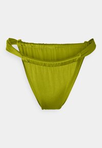 Parte de baixo de bikini verde feita de um material liso e brilhante. Apresenta uma cintura elástica com laços laterais e um design de cobertura mínima.