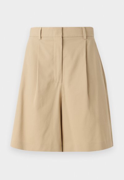 Shorts plissés beige à taille haute, présentant une texture lisse et sans fermetures visibles, conçus pour une silhouette épurée.