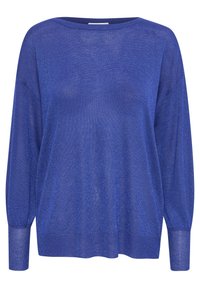 Pullover in maglia blu con una vestibilità morbida, scollo rotondo e maniche lunghe. Il tessuto ha una leggera lucentezza e una consistenza morbida.