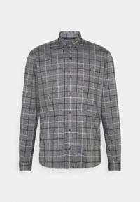 Camicia grigia a quadri con bottoni, realizzata in tessuto, caratterizzata da un motivo a scacchi con accenti in bianco e nero, maniche lunghe e colletto classico.