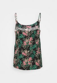 Camisola floral com alças finas; apresenta um fundo preto com flores rosas e verdes; tecido leve; acabamento de renda na gola.