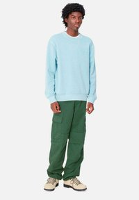 Lichtblauwe sweatshirt met geribde manchetten, gecombineerd met groene cargobroek met meerdere zakken, en beige laarzen met zwarte zolen.