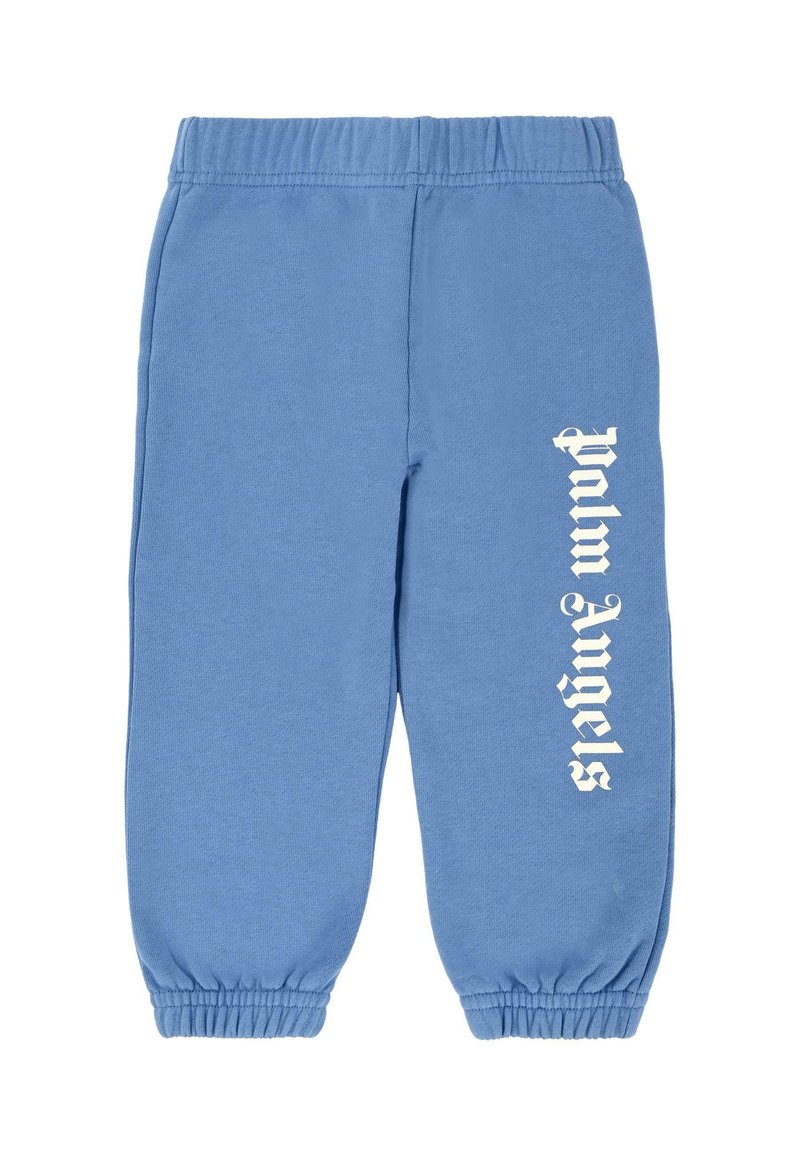 Pantaloni della tuta blu in cotone, caratterizzati da una texture morbida, una vita elasticizzata e il logo bianco "Palm Angels" lungo la gamba sinistra.