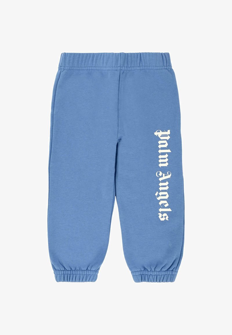 Lichtblauwe sweatpants gemaakt van zacht katoen, met een elastische tailleband en gerimpelde boorden. Voorzien van witte bedrukte tekst langs de zijkant.