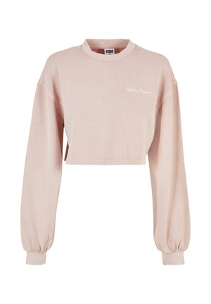 Lichtroze cropped sweatshirt met lange ballonmouwen en kleine witte "Urban Classics" tekst op de borst.