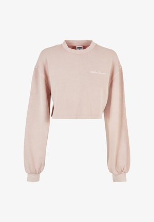 Heled õrnroosa lühendatud sviiter, millel on pikad ballonvarrukad ja väike valge "Urban Classics" tekst rinnal.