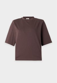 Plain brown short-sleeve boxy T-shirt with a crew neckline, displayed against a plain light background.