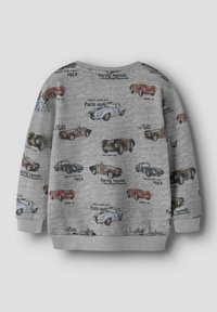 Šedá mikina s potiskem různých klasických aut a textem, kulatý výstřih a žebrované manžety s měkkou texturou.