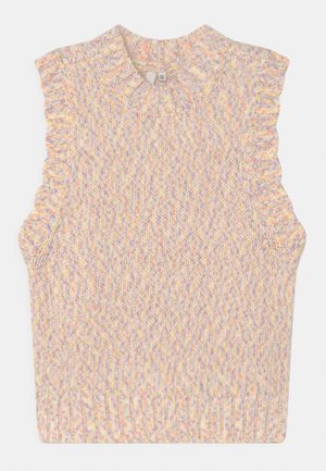 Ærmeløs multifarvet strikket sweatervest med flæser omkring ærmegab og ribstrikket rundhalsudskæring og kant.