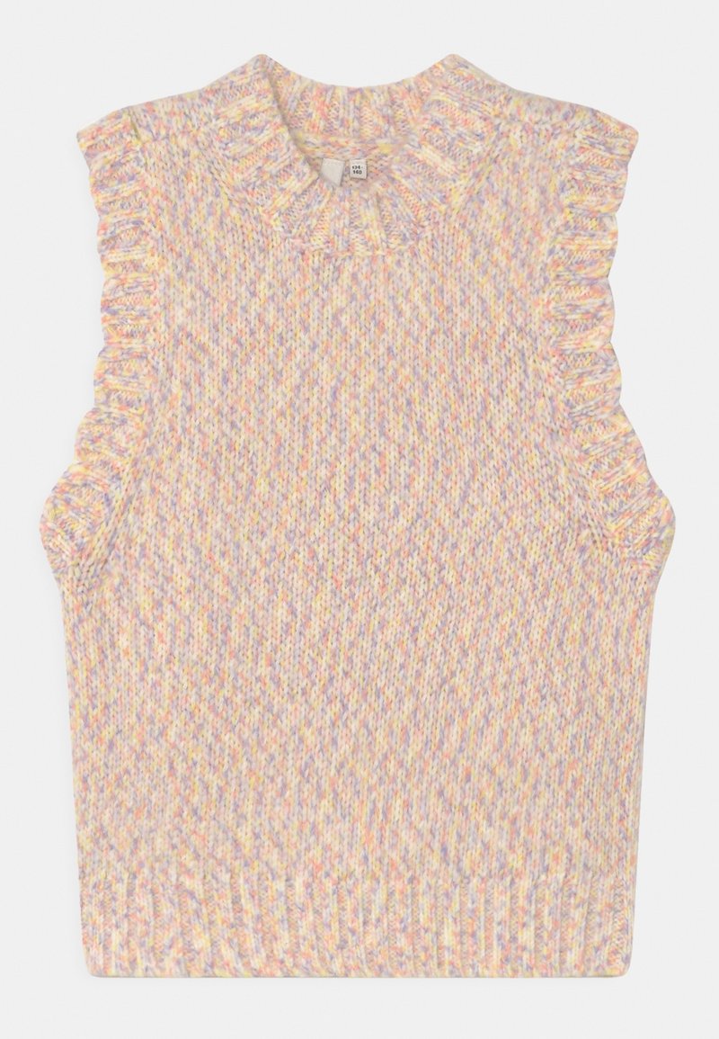 Débardeur sans manches multicolore en maille, avec bords froncés autour des emmanchures et col rond ainsi qu'ourlet côtelés.