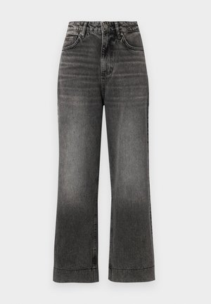 Mørkegrå vidde jeans med en falmet finish, der har en knaplukning, fem lommers design og synlige sømme langs kanten.