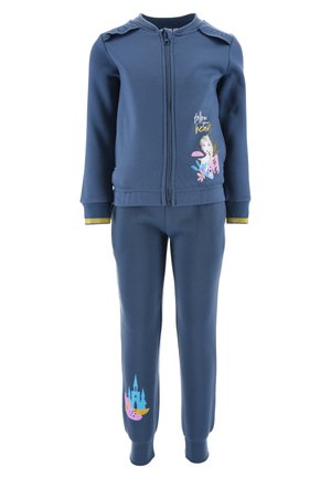 Marineblauer Trainingsanzug mit Reißverschluss, langärmlig und mit Hose. Mit buntem Druck, der ein Schloss und Charakterdetails auf der Jacke und dem Bein zeigt.