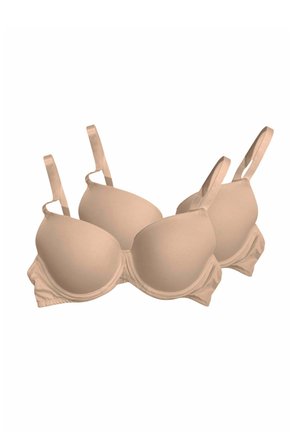 Due reggiseni imbottiti beige con spalline regolabili posti affiancati su sfondo bianco.