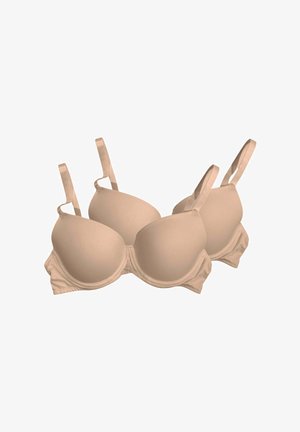 Due reggiseni imbottiti beige con spalline regolabili posti affiancati su sfondo bianco.