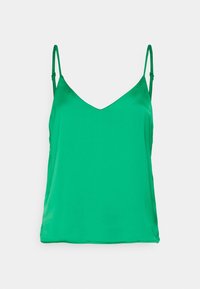 Grön satin camisole med tunna justerbara remmar, med en V-halsringning och en slät yta, utformad för en avslappnad passform.