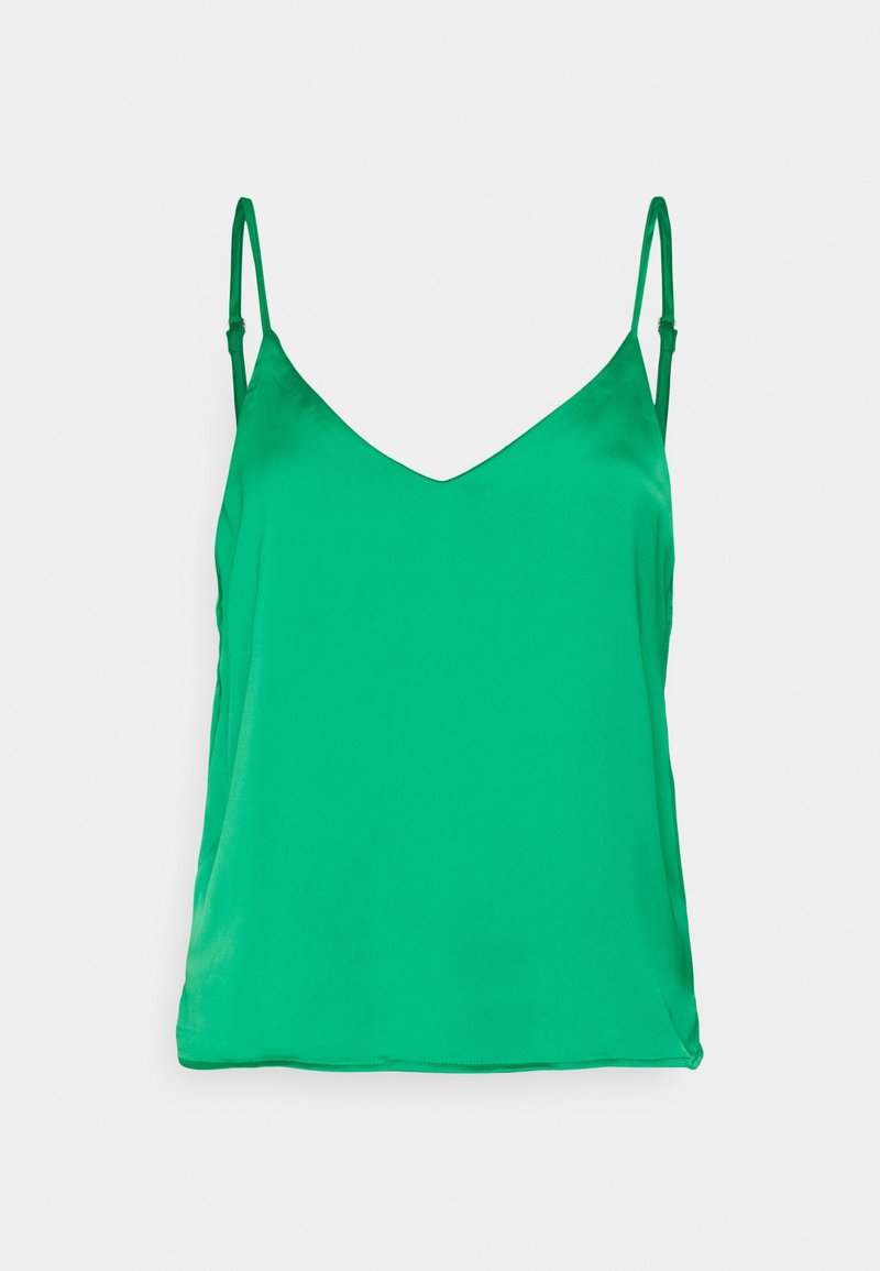 Grön satin camisole med tunna justerbara remmar, med en V-halsringning och en slät yta, utformad för en avslappnad passform.