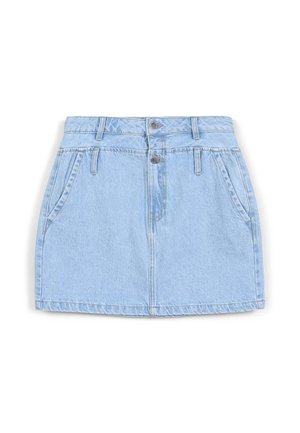 Jupe en denim bleu clair avec deux poches avant, une fermeture à bouton et des détails de couture visibles. Longueur courte avec un design structuré.