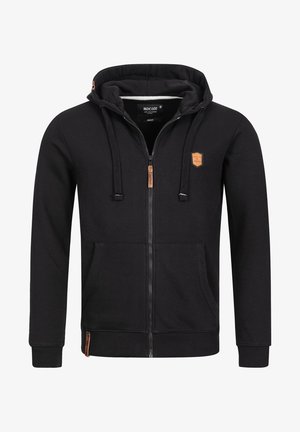 Svart zip-up hettegenser laget av myk bomullsmateriale, med kengurulomme, justerbare snorer og en liten lærlogo-patch.