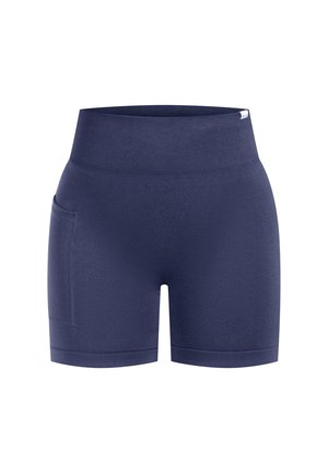 Mørkeblå højtaljede atletiske shorts med en bred ribbet talje og en sidelomme på venstre ben.