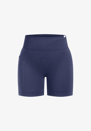 Mørkeblå højtaljede atletiske shorts med en bred ribbet talje og en sidelomme på venstre ben.
