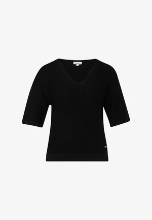 Czarny krótki sweter z dzianiny z dekoltem w serek, wykończony prążkowanym dołem i mankietami, z małą metalową metką marki w pobliżu dolnej krawędzi.