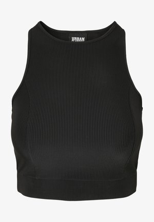 Čierny rebrovaný crop top s vysokým nákrčníkom a priliehavým strihom. Vyrobený z elastického materiálu s hladkou textúrou a bez viditeľných zapínaní.