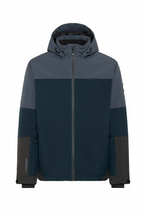 Veste imperméable bleu marine avec capuche, dotée d'une fermeture éclair à l'avant, de panneaux contrastants aux épaules et aux manches, et de poignets élastiques pour un ajustement confortable.