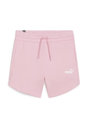 Rožiniai medvilniniai šortai su elastinga juosmena ir raišteliu, su šoninėmis kišenėmis ir baltu „Puma“ logotipu kairiajame apatine kampo.