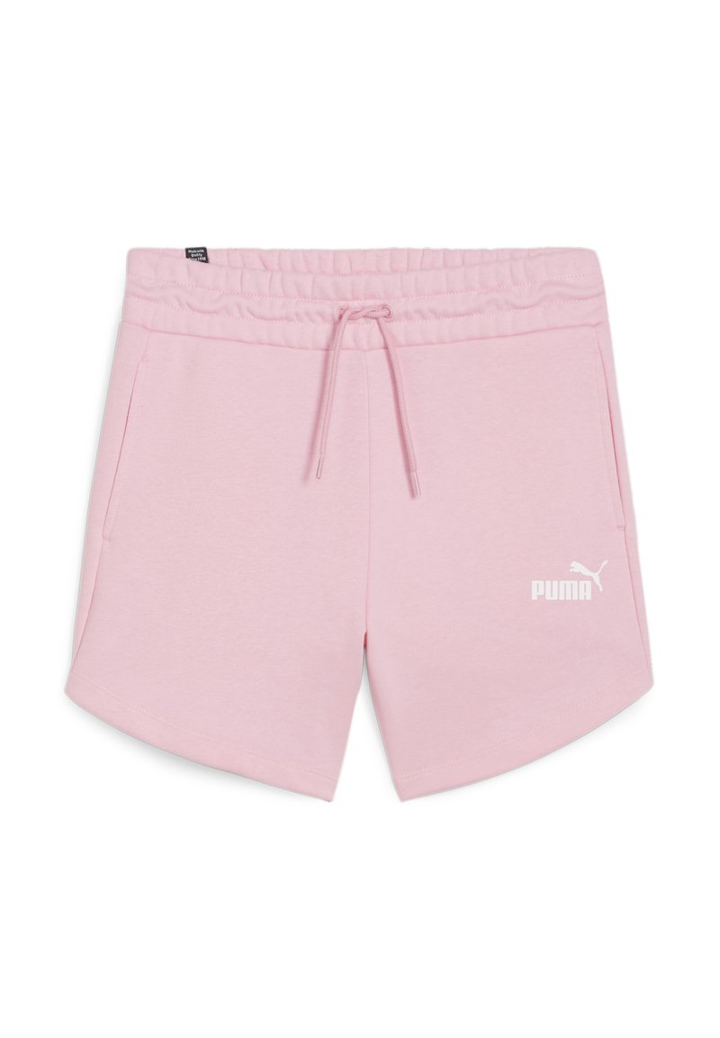Rosa bomullsshorts med elastisk midja och dragsko, med sidofickor och en vit Puma-logotyp på nedre vänstra sidan.