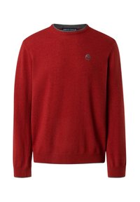 Maglione rosso con scollo rotondo, maniche lunghe e polsini a coste. Presenta un piccolo logo sul petto e un colletto grigio a contrasto.