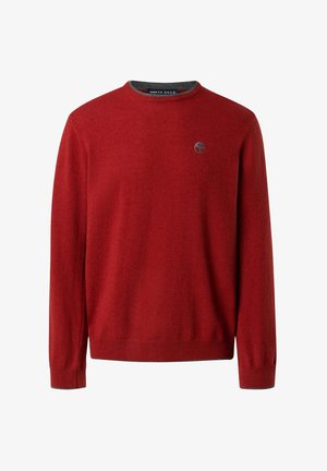 Roter Pullover mit rundem Hals, langen Ärmeln und gerippten Bündchen. Verfügt über ein kleines Logo auf der Brust und einen kontrastierenden grauen Halsausschnitt.