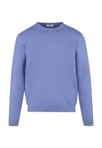 Lys blå strikket genser med rund hals, lange ermer og ribbestrikkede mansjetter. Jevn tekstur uten synlige mønstre eller metalliske detaljer.