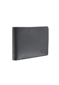 Portafoglio in pelle nera con una texture liscia, forma rettangolare, cuciture visibili e un piccolo logo in rilievo su un lato.