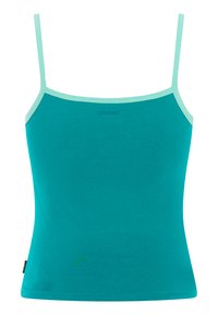 Tirkizna ženska pamučna majica bez rukava s blijedoplavim obrubima i tankim naramenicama, brendirana oznakom "Protest" na prsima i bočnoj etiketi.